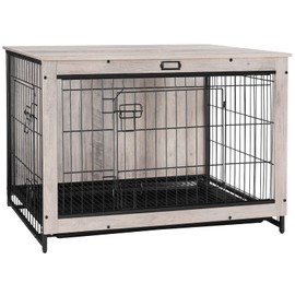 HOOBRO Dog Crate Furniture, 38.6" Large Dog Kennel Indoor, Wooden Cage with Pull-Out Tray, Double Doors Pet House Side End Table for Large/Medium/Small Dogs, Greige BG982GW03