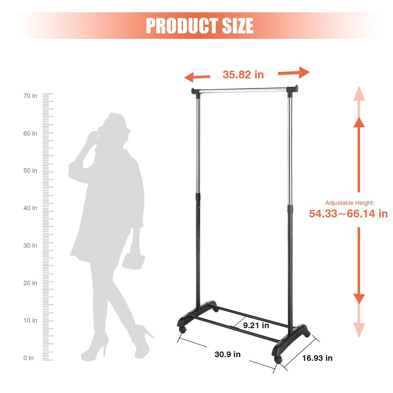 Whitmor Black and Chrome Adjustable Garment Rack-Rolling Clothes Organizer, 18.5"