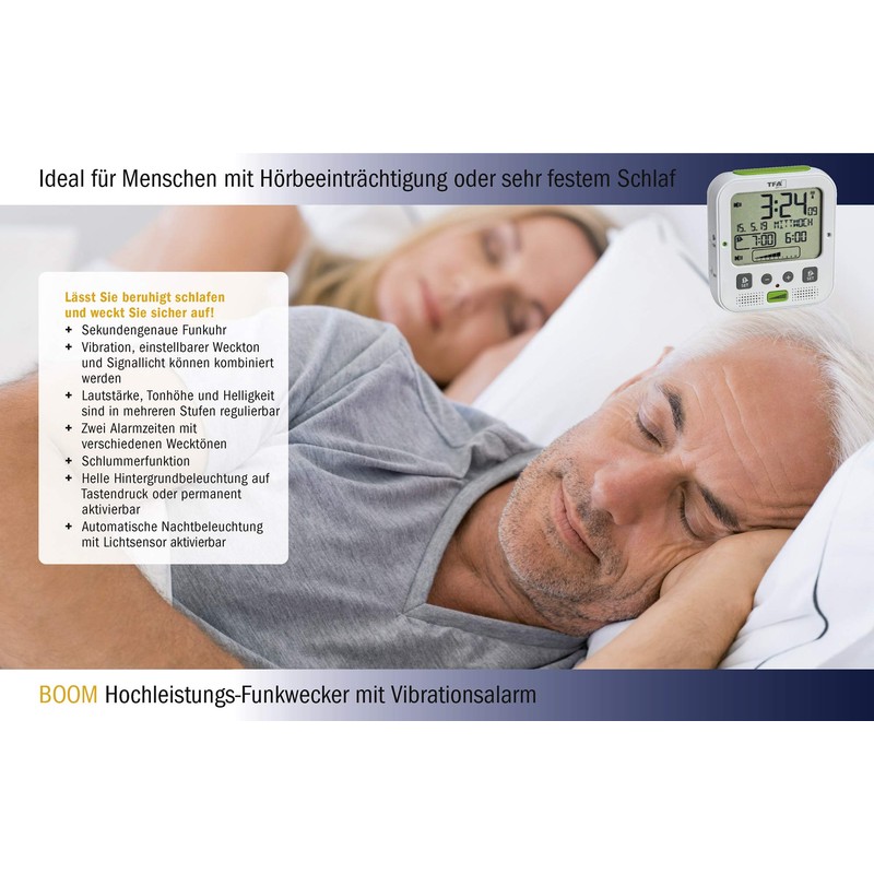 TFA Dostmann 60.2538.02 Funkwecker Boom mit Vibrationsalarm (Weiss)