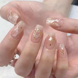 Medium Length Press On Nails - Shell Manicure with Marble Design, Glossy Gold Glitter False Nails Gel Glue on Nails, Fit Perfectly & Natural Reusable Stick on Nails False Gradient Nails for Women