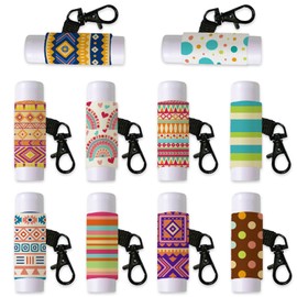 DELORIGIN 10pcs Bohemia Rainbow Lip Balm Holder Keychain Polka Dots Lipstick Sleeves with Metel Clasp Chapstick Elastic Sleeves Lip Gloss Keychain Holder for Lip Balm Chap Stick Storage