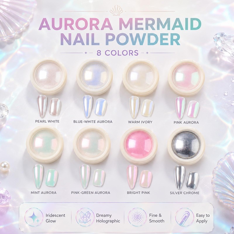 Aurora Chrome Nail Powder, 8pcs Iridescent Mirror Effect with Sponge