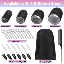 JOISHOP 50pcs Hair Rollers with Clips, Jumbo Large Medium Small Velcro Rollers for Hair Volume Big Hair Curlers Rollers for Long Medium Short Hair DIY Hairdressing (Black)