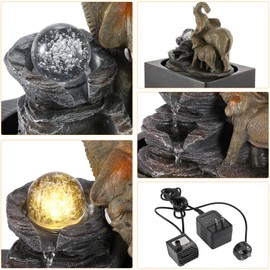 WICHEMI Indoor Water Fountains Tabletop Fountain Indoor Waterfall Fountain of Elephant Sculpture with LED Warm Light and Spinning Ball for Home Office Desktop Decor
