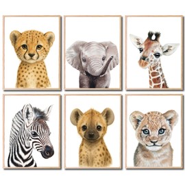 KIU DESIGNS Nursery Wall Art - Unframed Safari Nursery Decor - Set of 6 Animal Wall Decor Gift for Baby - Safari Portrait - 8"x10"