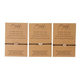 DATOA 3 Pcs Set Sun Moon Star Pinky Promise Bracelets BFF Christmas Birthday Gifts for Women Matching Adjustable Bracelet for Sisters - Silver