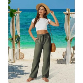 SEMARO Womens Casual Linen High Waist Pants Drawstring Loose Fit Summer Pants Trousers with Side Pockets Army Green