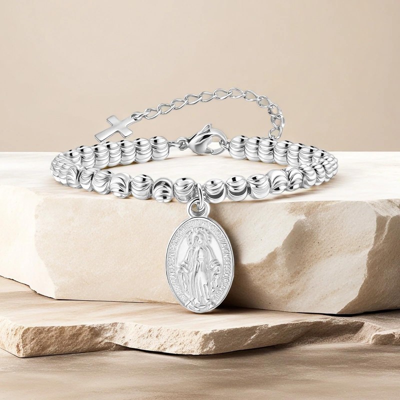 Rnivida Stainless Steel Catholic Rosary Bracelet for Women,Adjustable Chain