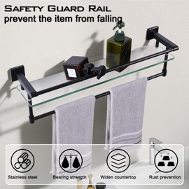 SFGSOWOR Bathroom Glass Shelf with Towel Bar/Rack 24 inches Wall-Mounted Shelves Tempered Glass Sink Toilet Organizer Shower Towel Decorative Storage (Brushed Gold)