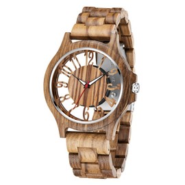 Realpoo Men's Transparent Watch Hollow Arabic Numeral Dial Quartz Wooden Men's Watch, Quartz Movement Vintage Natural Wooden Strap Watches for Men