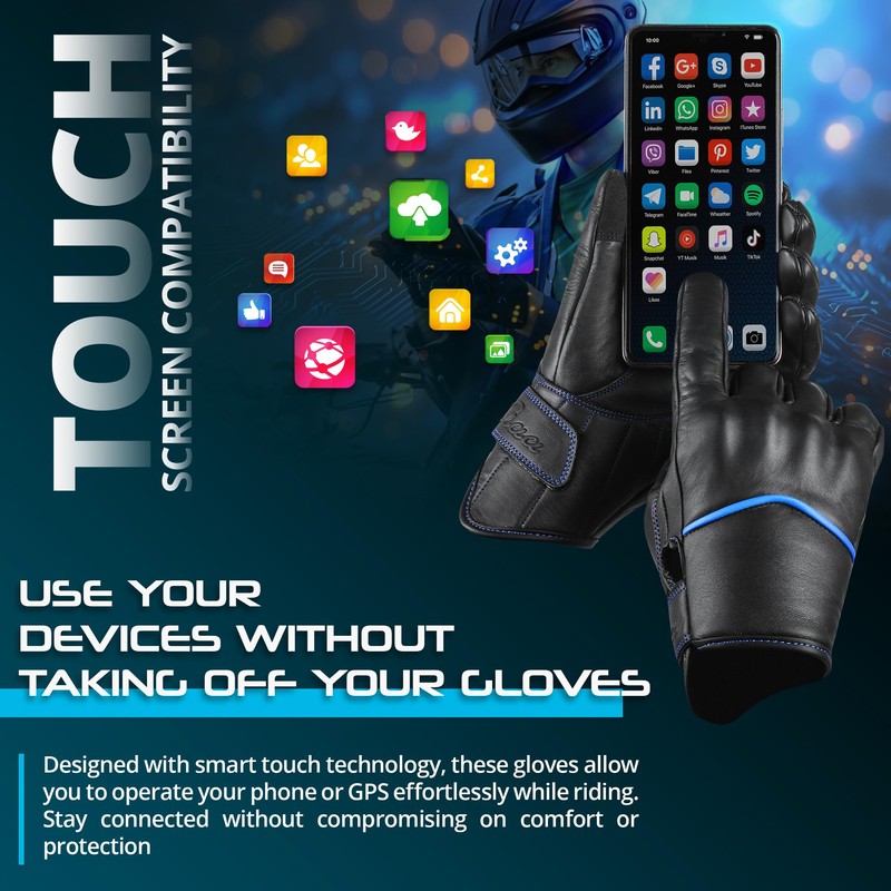 aaasportx Motorcycle Gloves Men's Leather Motorbike Gloves Touchscreen Function -