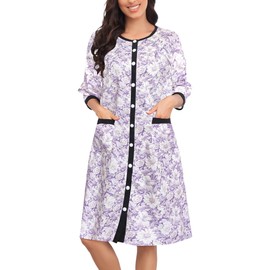Bloggerlove Women's Nightgown Robe Summer Short Sleeve Loungewear Long House Dress Snap Front Housecoat Nigtwear Old Lady Nightgown