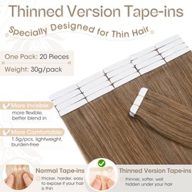 Elailite Tape in Hair Extensions Human Hair Thin Type 1.5g/pcs - 20Pcs 100% Real Natural Remy Hair Skin Weft Extension (#6 Light Brown, 16 inches)