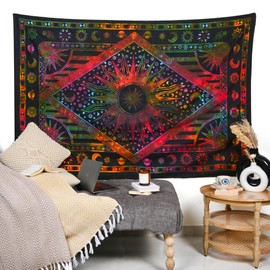RAJRANG Celestial Zodiac Tapestry - 84x90 Inches Orange-Multi Cotton Indian Hippie Mandala Psychedelic Burning Sun Wall Hanging Bohemian Bedspread Trippy Tapestries for Bedroom Decor