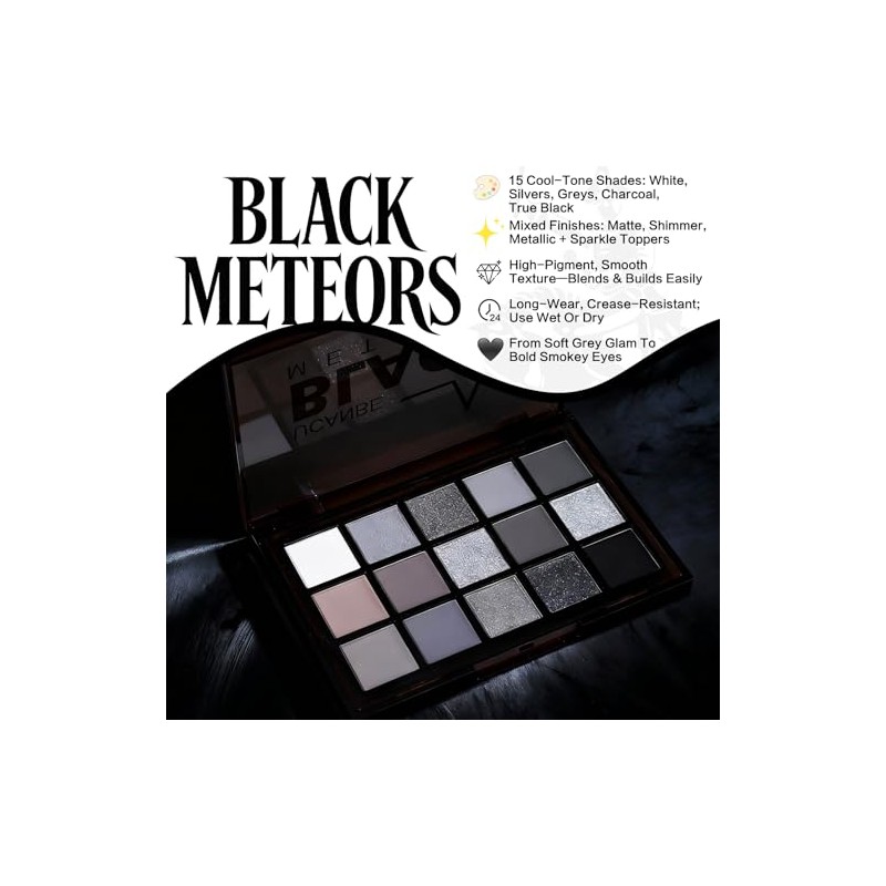 UCANBE Smokey Black Eyeshadow Palette, 15 Colors Dark Shimmer Matte