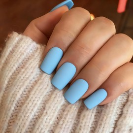 KQueenest Matte Baby Blue Press on Nails Short Medium Square Glue on Nails Set, Solid Color Fake Nails Short Coffin Acrylic Nails Press on Reusable Gel Nails for Women in 24 Pcs