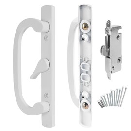 8.5" Legacy Sliding Patio Glass Door Center Latch White Handle Set - Sash Controls 2265 + Mortise Lock 45°- Non-keyed Door Handles, Fits 3-15/16” Screw Hole Spacing and 1-1/4" to 2-1/4" Thick Doors