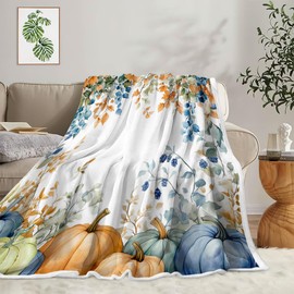 Fall Throw Blanket, Pumpkin Flannel Throw Blanket Fall Thanksgiving Watercolor Autumn Pumpkins Soft Warm Autumn Leaves Flannel Blankets for Living Room Couch Bed Chair Dorm, 50"x60", Blue