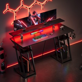 YeTom 53-inch Gaming Desk with LED Lights & Power Outlets|Carbon Fiber Gaming Table with Monitor Stand & Adjustable Storage Shelves|RGB Ergonomic Gamer Desk for PC Setup, Esports & Streaming, Black
