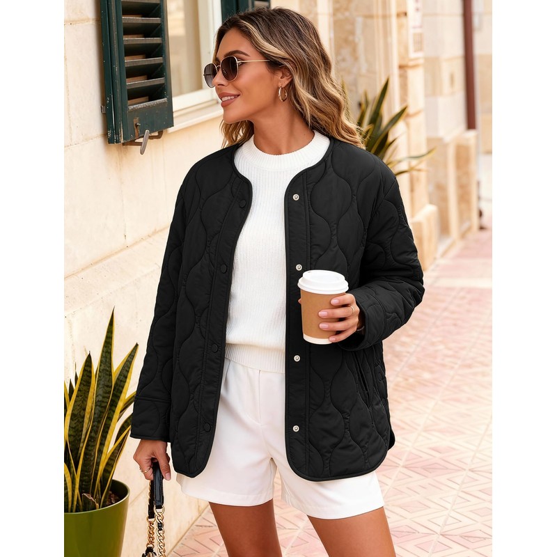 Flygo Women's Oversized Quilted Lightweight Jacket Button Down Puffer Padded