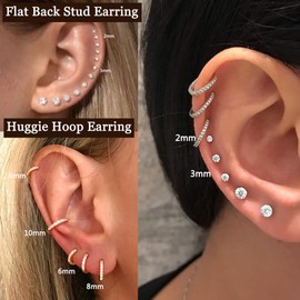 PATISORNA 8 Pairs Stainless Steel Earrings Sets for Women Men Small Huggie Hoop Earrings Flat Back Tiny Ball CZ Stud Earring Cartilage Helix Earrings Inner Diameter 6-12MM,CZ Diameter 2-3MM