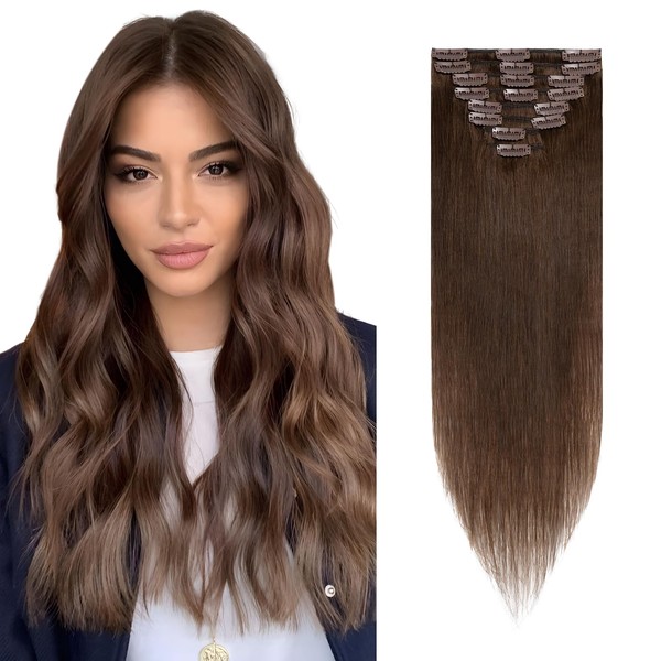 Hair Extensions Clip in Real Human Hair Medium Brown Real