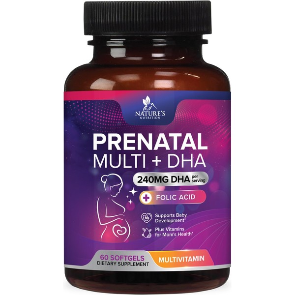 Women's Prenatal Multivitamin with Folic Acid & DHA, Prenatal Vitamins w/ Folate, Omega 3, Vitamins D3, B6, B12 & Iron, Pregnancy Support Prenatal Supplement, Non-GMO Gluten Free - 60 Softgels