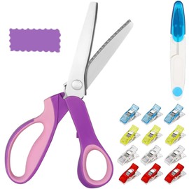 Pinking Shears Set for Fabric Cutting, 9.4Inch Zig Zag Seeing Scissors, Professional Dressmaking Scissors with Thread Snips and 12 Clips, Embroidery Scissor for Leather Fabrics Paper