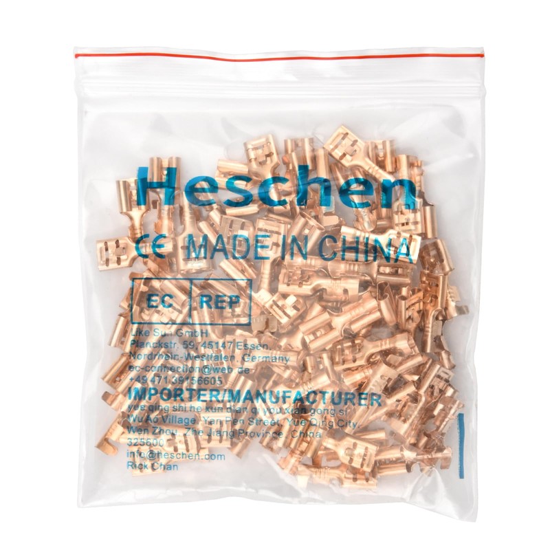 Heschen 100 Pcs Spade Crimp Terminals, 6.3mm, Brass, Non-Insulated, for