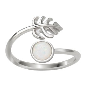 925 Sterling Silver Monstera Leaf and Full Moon, Adjustable Easy Resize Wrap Around Bypass Ring Eternity Band, Blue White Opal Larimar, Hypoallergenic Nickle Free, with Gift Box (Sterling Silver - White Opal, 7.5 - 13)