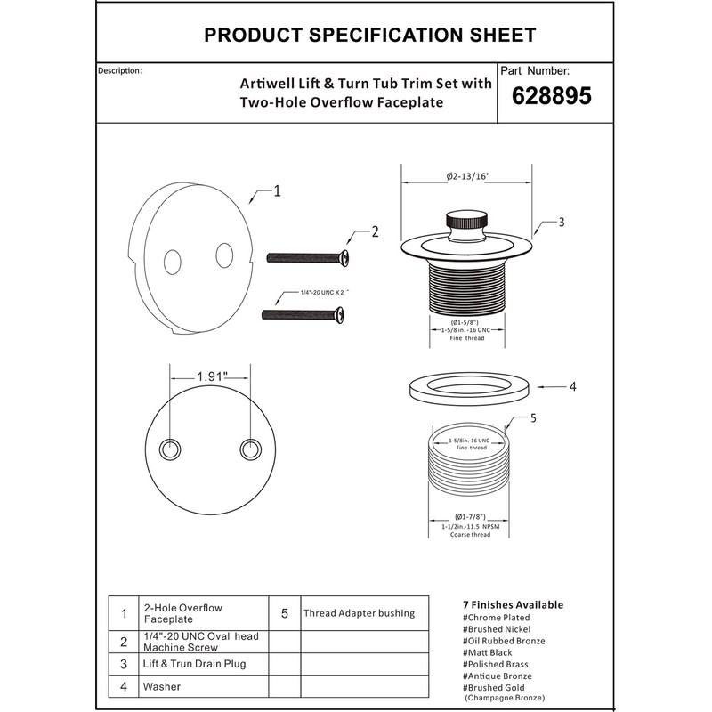 Artiwell Lift & Turn Tub Trim Set with Two-Hole Overflow