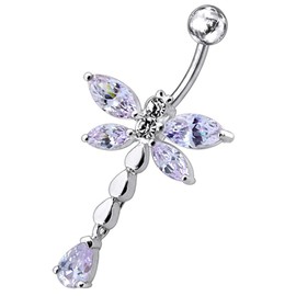 Lavender CZ Crystal Stone Dragonfly with Multi Teardrop Dangling 925 Sterling Silver Belly Ring Body Jewelry