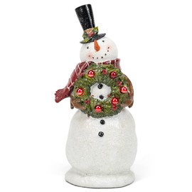 Snowman with LED Lighted Wreath, Freestanding Figurine, Holiday Décor, 13.75 Inches