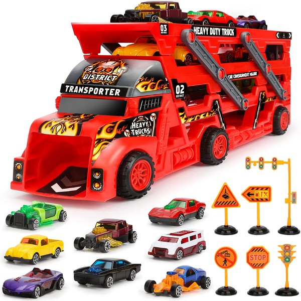 Car Transporter Truck Toys for 3 Years Old, Mega Hauler Trucks with 8 Mini Race Cars Gift for Kids Boys Girls Age 3 4 5 (Red)