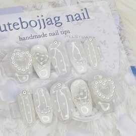White dot handmade nail tips - Stiletto M / 화이트 도트 수제네일팁 - 스틸레토M