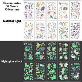 HISUNBEN Temporary Tattoo for Kids,Glow in the Dark,Glitter Tattoos for Kids,Kids Tattoo Stickers for Boys Girls Waterproof Fake Tattoos Glitter Tattoos Kids,10PSC Birthday Gifts (Unicorn Tattoos)