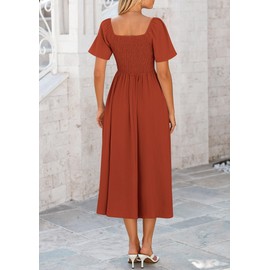 PRETTYGARDEN Summer Dress for Women 2025 Casual Short Sleeve Bow Tie V Neck Ruffle Midi Flowy Dresses (Rust Red,X-Large)
