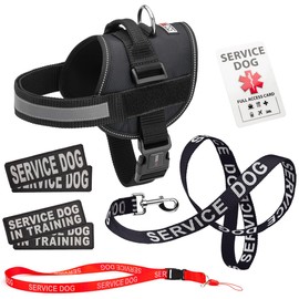 Dogline Service Dog Vest Harness Bundle Service Dog Reflective Leash & Patches Service Dog in Training Set, ADA IDs for Travel Support Therapy Dogs Girth 15 to 19 in Black