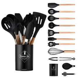 Juego de Utensilios de Cocina de Madera de Silicona: Utensilios de Cocina Resistentes al Calor con Espátula/Cuchara/Batidor para Utensilios de Cocina Antiadherentes (Negro)