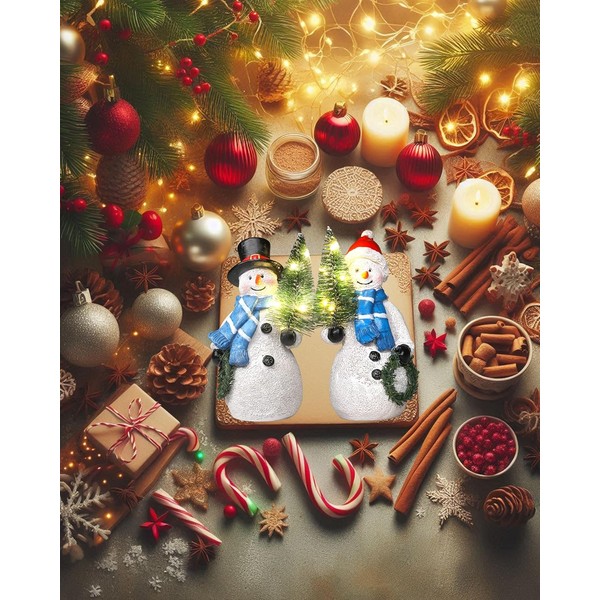 Set of 2 Resin Snowman Figurines with Light-Up Christmas Tree