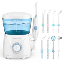 Sawgmore Irrigador bucal con hilo dental de agua, gran capacidad de 600 ml, 10 presiones ajustables, hilo dental eléctrico para dientes/aparatos ortopédicos, 8 boquillas para el hogar Irrigador bucal