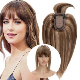 Hairro Hair Toppers with Bangs Human Hair Clip in Hair Piece for Women 13 * 7cm Silk Base Hair Topper Cover Thinning Hair Loss 6inch #4P27 Highlight Medium Brown Blonde