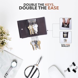 Li Fine Stitched Cowhide Leather Key Holder - Compact and Versatile Key Organizer Featuring 6 Key Hooks for Your Keys & Spacious Storage For Credit Cards And Money - Secure & Durable Key Case (Brown)