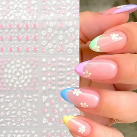 30 Sheets White Flower Nail Art Stickers 3D Pink Daisy Self Adhesive Nail Decals Acrylic Nails DIY Design Nail Stickers Spring Summer Nail Supplies for Women and Girls