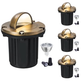 LumStory 4-Pack Brass Well Lights 12V Low Voltage Landscape Lighting LED Landscape Light Outdoor in Ground Lights with MR16 GU5.3 Bulb 5W 3000K Warm White(Beacon Top)