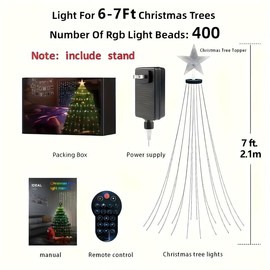 Hoodink Smart Christmas Tree Lights, Treeless with Remote and APP Control, RGB Color-Changing Light String with 400 LEDs, 11 Modes, Timer, Music Sync, Suitable for Christmas Decorations and Holiday Party Decorations:_7ft 2.1m with stand