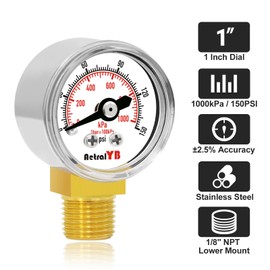 AetralYB 1-Inch Mini Pressure Gauge, 0-150 PSI / 0-1000 kPa, High-Pressure Dual-Scale Air Pressure Gauge, Stainless Steel Case, 1/8” NPT Bottom Mount for Hydraulics and Compressed Air Systems