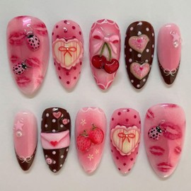 CJDLTS Press on Nails Almond Medium Cute Bow Cherry and Envelope Red Lips Pattern Design French Tip Acrylic False Nail Pink Artificial Fingernails Full Cover Glossy Artificial Stick on Nails for Women