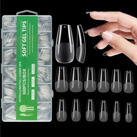 NASHRIO Medium Coffin Nail Tips, 600PCS Clear Half Frosted Nails Tip Fake Nails Pre-Shape Press on Nails Long Ballerina Nails Full Cover Artificial Nail Tips For Nail Salons and Home DIY, 12 Sizes