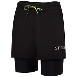 KANAV Mens Swim Trunks with Compression Liner 2 in 1 Quick-Dry Swim Shorts Lined Board Shorts Black Solid